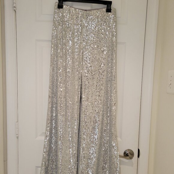 ANN TAYLOR SILVER SEQUIN WIDE LEG PANTS NWT - Picture 2 of 13